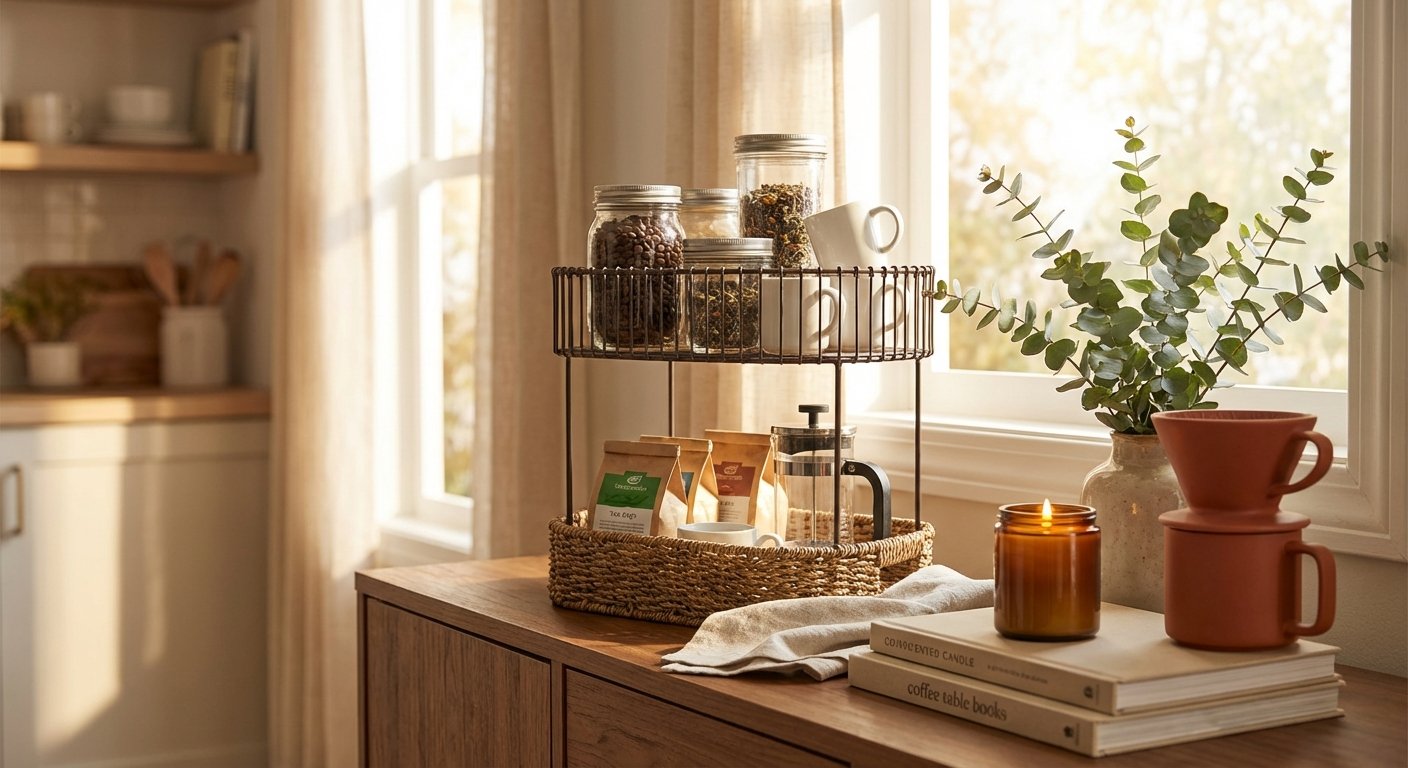 13. Create a Coffee and Tea Station with Tiered Displays