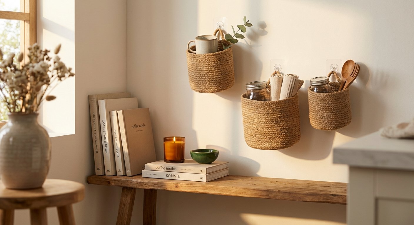 14. Install Wall-Mounted Storage with Adhesive Hooks and Baskets
