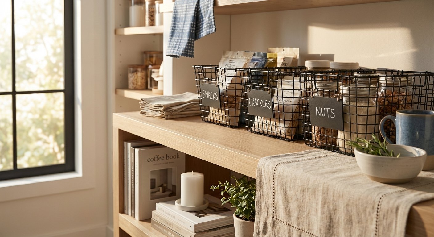 2. Design a Snack Station with Wire Baskets and Chalkboard Labels